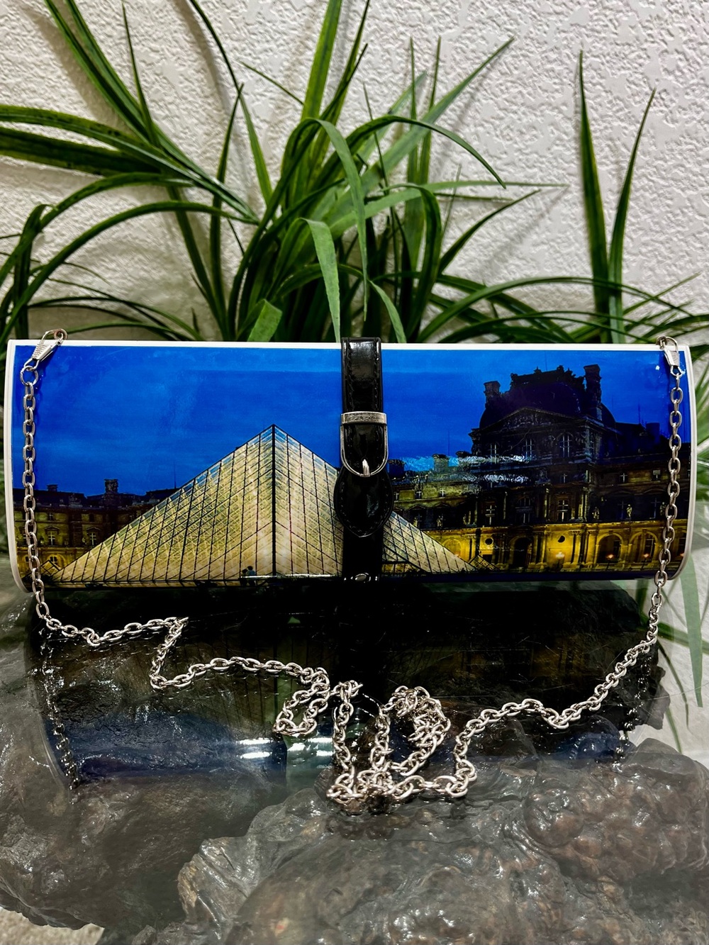 Vintage Acrylic Clutch/Crossbody Bag with Paris Landmark Print in Blue and Black
